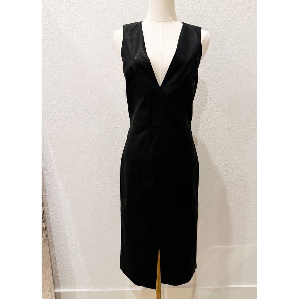 Alice‎ + Olivia Corwin Black Leather Dress Plunge V Neck Carolyn Besette Style